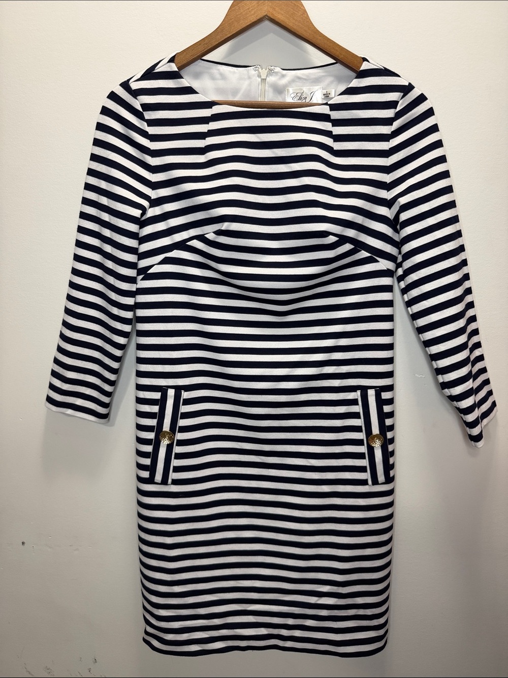 Eliza J Navy and White Striped Long Sleeve Sheath Dress Size 8, L34, PTP 19